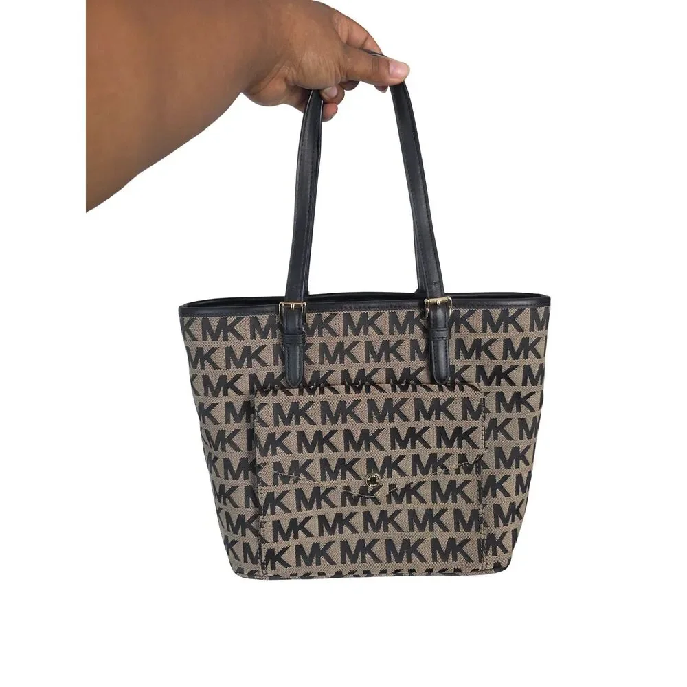 Michael Kors Jet Set Small Signature Jacquard Monogram Tote Bag Beige Black